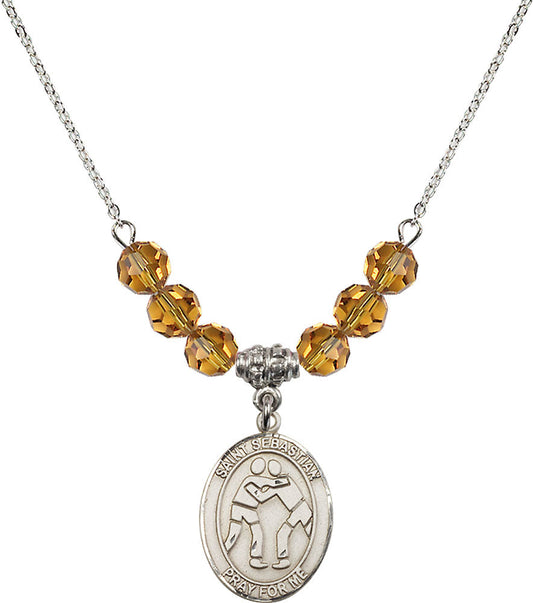 Sterling Silver Saint Sebastian/Wrestling Birthstone Necklace with Topaz Beads - 8171