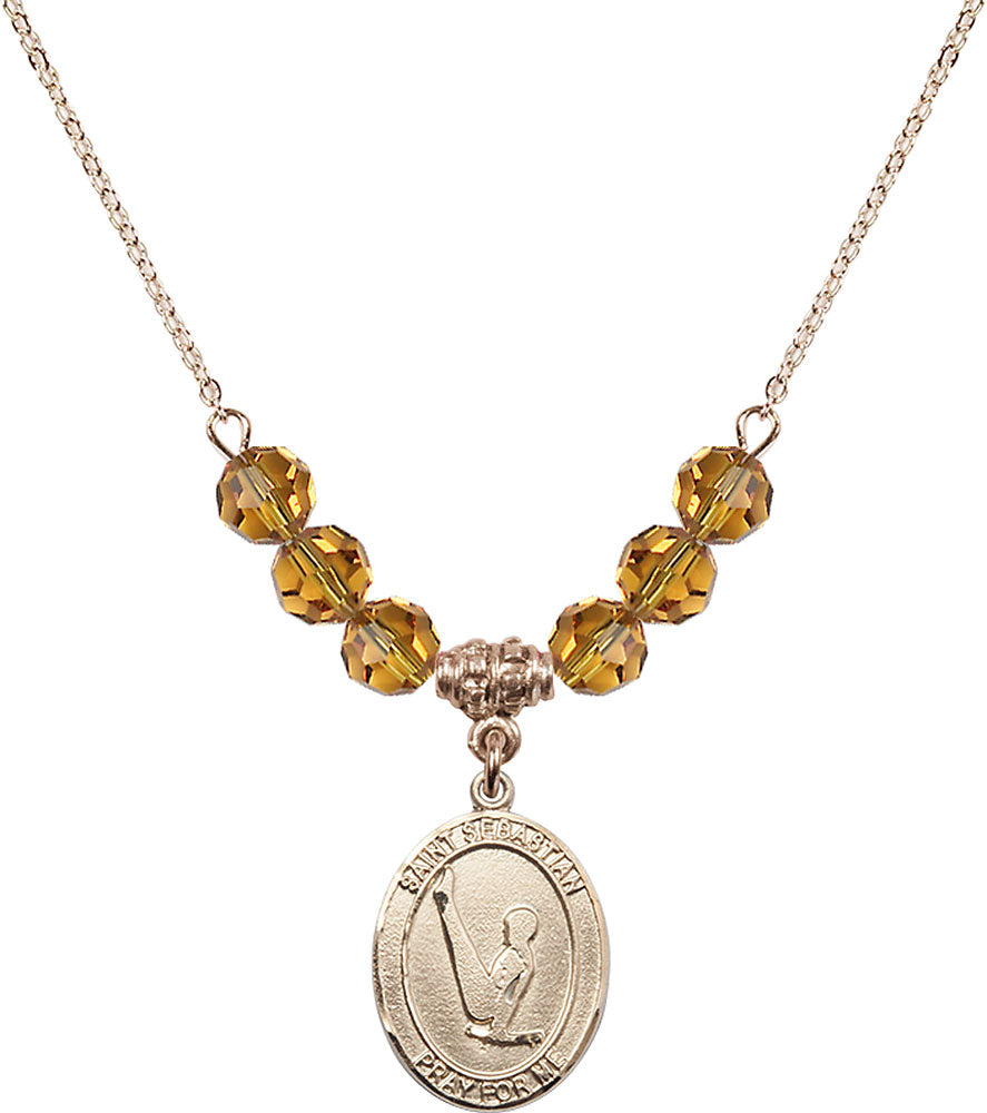 14kt Gold Filled Saint Sebastian/Gymnastics Birthstone Necklace with Topaz Beads - 8172