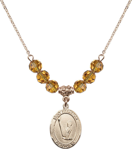 14kt Gold Filled Saint Sebastian/Gymnastics Birthstone Necklace with Topaz Beads - 8172