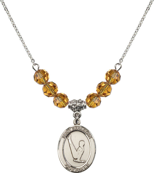 Sterling Silver Saint Sebastian/Gymnastics Birthstone Necklace with Topaz Beads - 8172