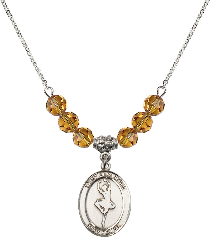 Sterling Silver Saint Sebastian/Dance Birthstone Necklace with Topaz Beads - 8173