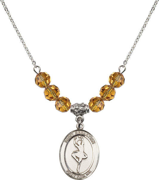 Sterling Silver Saint Sebastian/Dance Birthstone Necklace with Topaz Beads - 8173
