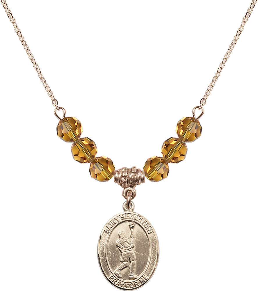 14kt Gold Filled Saint Sebastian/Lacrosse Birthstone Necklace with Topaz Beads - 8174