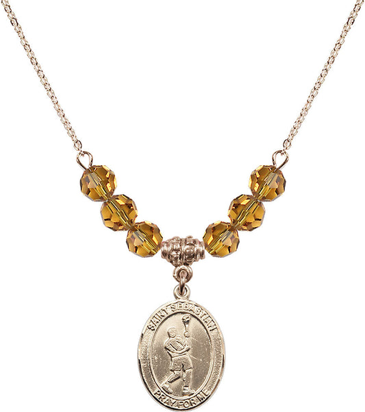 14kt Gold Filled Saint Sebastian/Lacrosse Birthstone Necklace with Topaz Beads - 8174