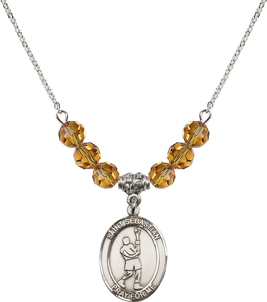 Sterling Silver Saint Sebastian/Lacrosse Birthstone Necklace with Topaz Beads - 8174