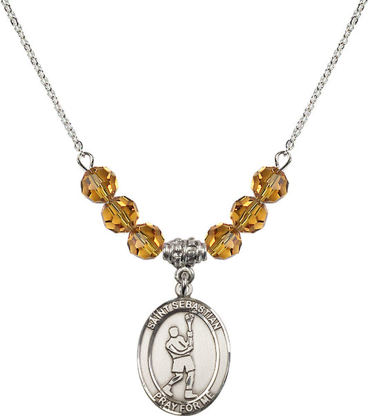 Sterling Silver Saint Sebastian/Lacrosse Birthstone Necklace with Topaz Beads - 8174