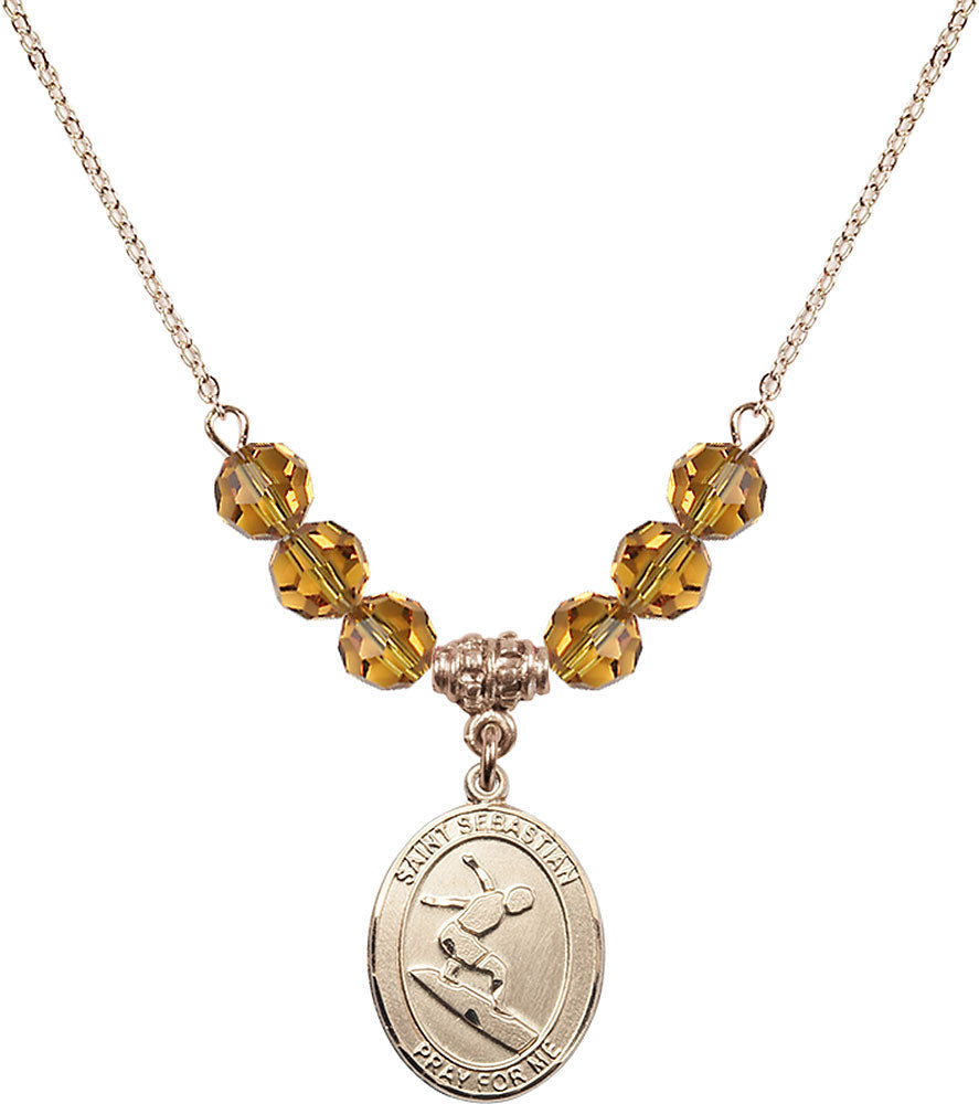 14kt Gold Filled Saint Sebastian/Surfing Birthstone Necklace with Topaz Beads - 8175