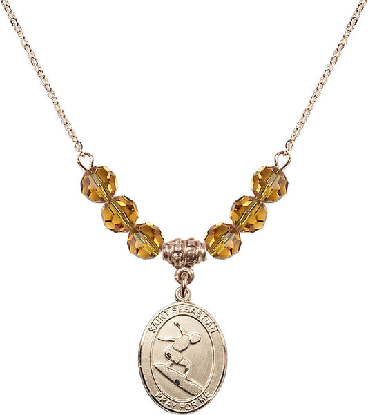 14kt Gold Filled Saint Sebastian/Surfing Birthstone Necklace with Topaz Beads - 8175