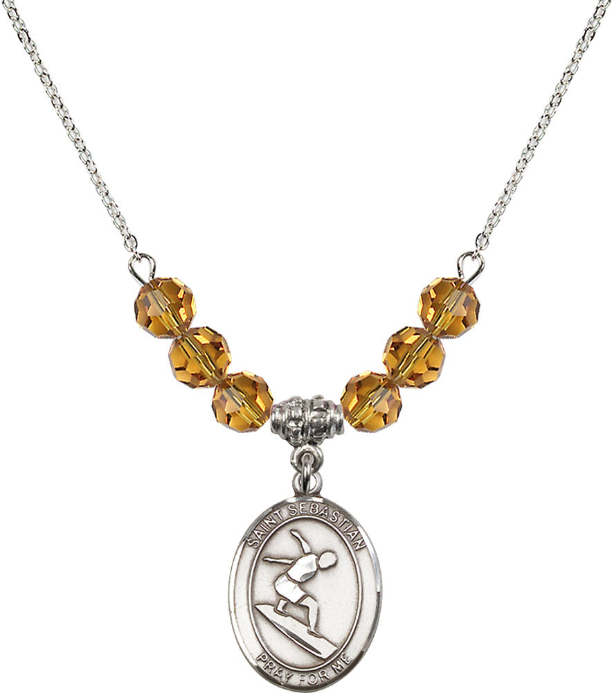 Sterling Silver Saint Sebastian/Surfing Birthstone Necklace with Topaz Beads - 8175