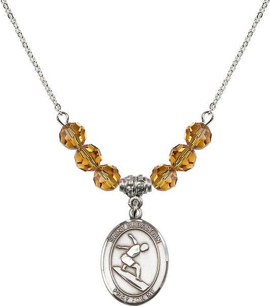 Sterling Silver Saint Sebastian/Surfing Birthstone Necklace with Topaz Beads - 8175
