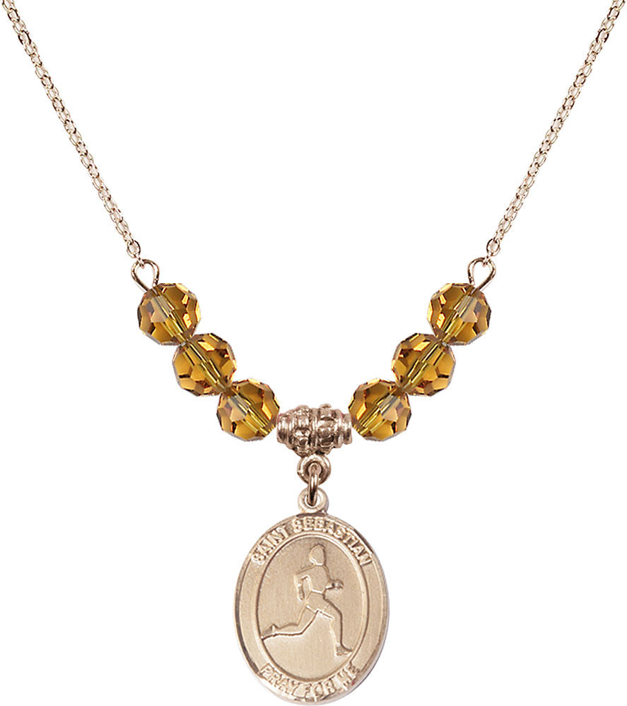 14kt Gold Filled Saint Sebastian/Track & Field Birthstone Necklace with Topaz Beads - 8176