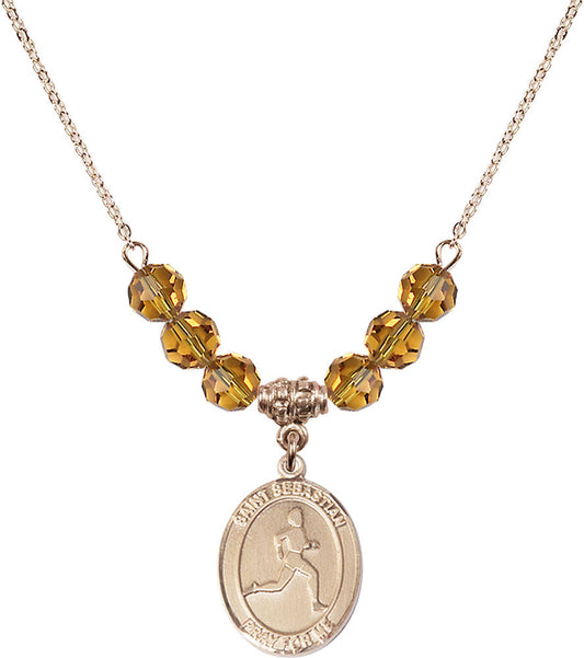 14kt Gold Filled Saint Sebastian/Track & Field Birthstone Necklace with Topaz Beads - 8176