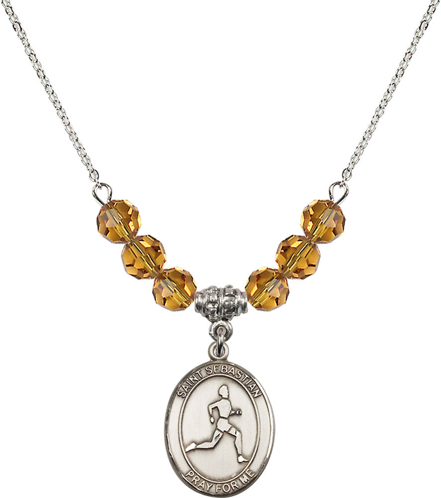 Sterling Silver Saint Sebastian/Track & Field Birthstone Necklace with Topaz Beads - 8176