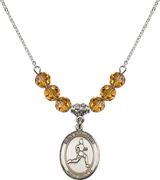 Sterling Silver Saint Sebastian/Track & Field Birthstone Necklace with Topaz Beads - 8176