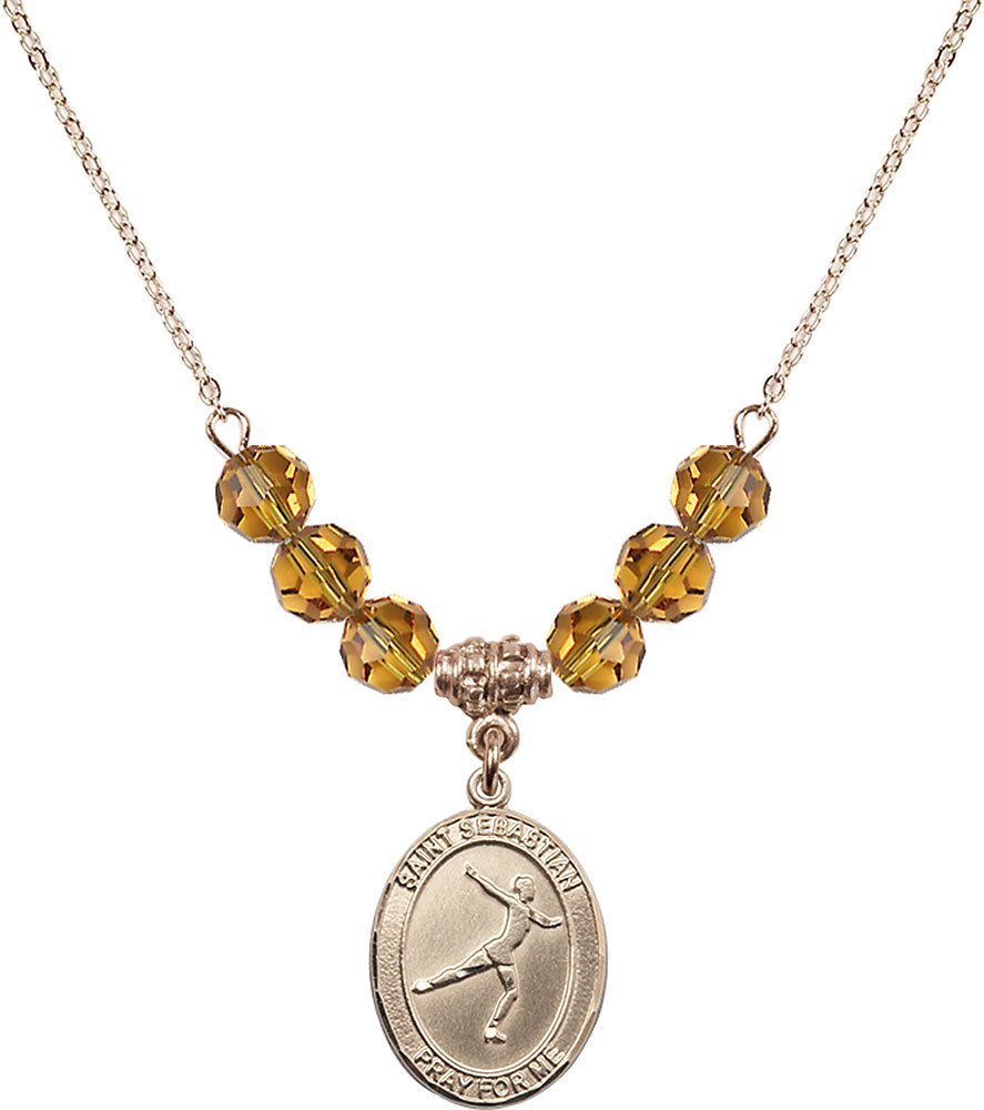 14kt Gold Filled Saint Sebastian/Figure Skating Birthstone Necklace with Topaz Beads - 8177