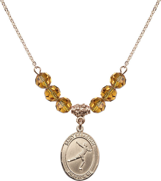 14kt Gold Filled Saint Sebastian/Figure Skating Birthstone Necklace with Topaz Beads - 8177