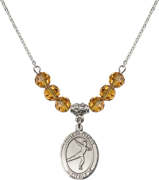 Sterling Silver Saint Sebastian/Figure Skating Birthstone Necklace with Topaz Beads - 8177