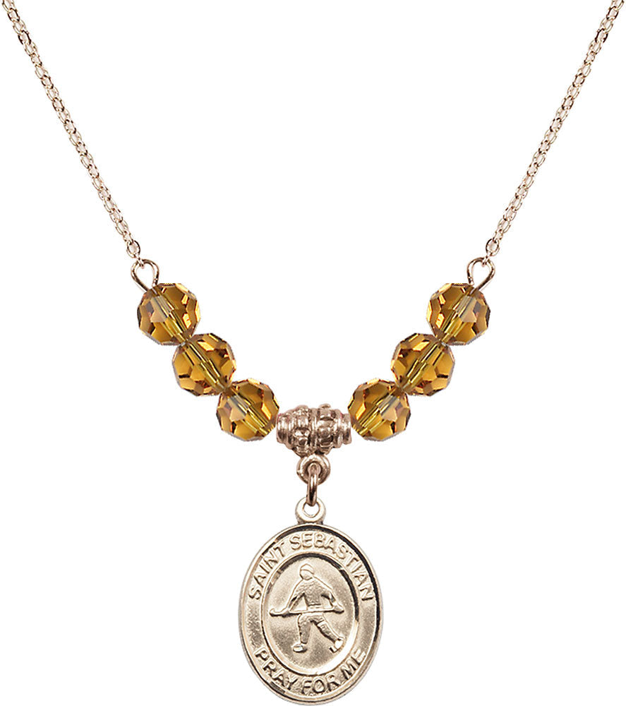 14kt Gold Filled Saint Sebastian/Field Hockey Birthstone Necklace with Topaz Beads - 8178