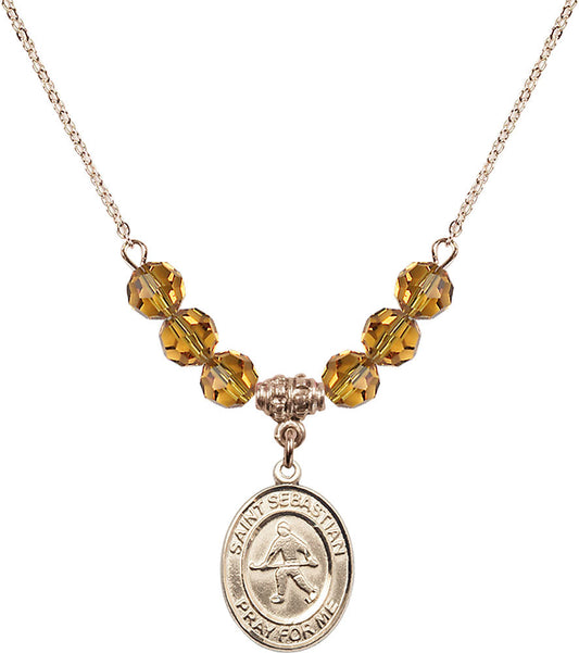 14kt Gold Filled Saint Sebastian/Field Hockey Birthstone Necklace with Topaz Beads - 8178