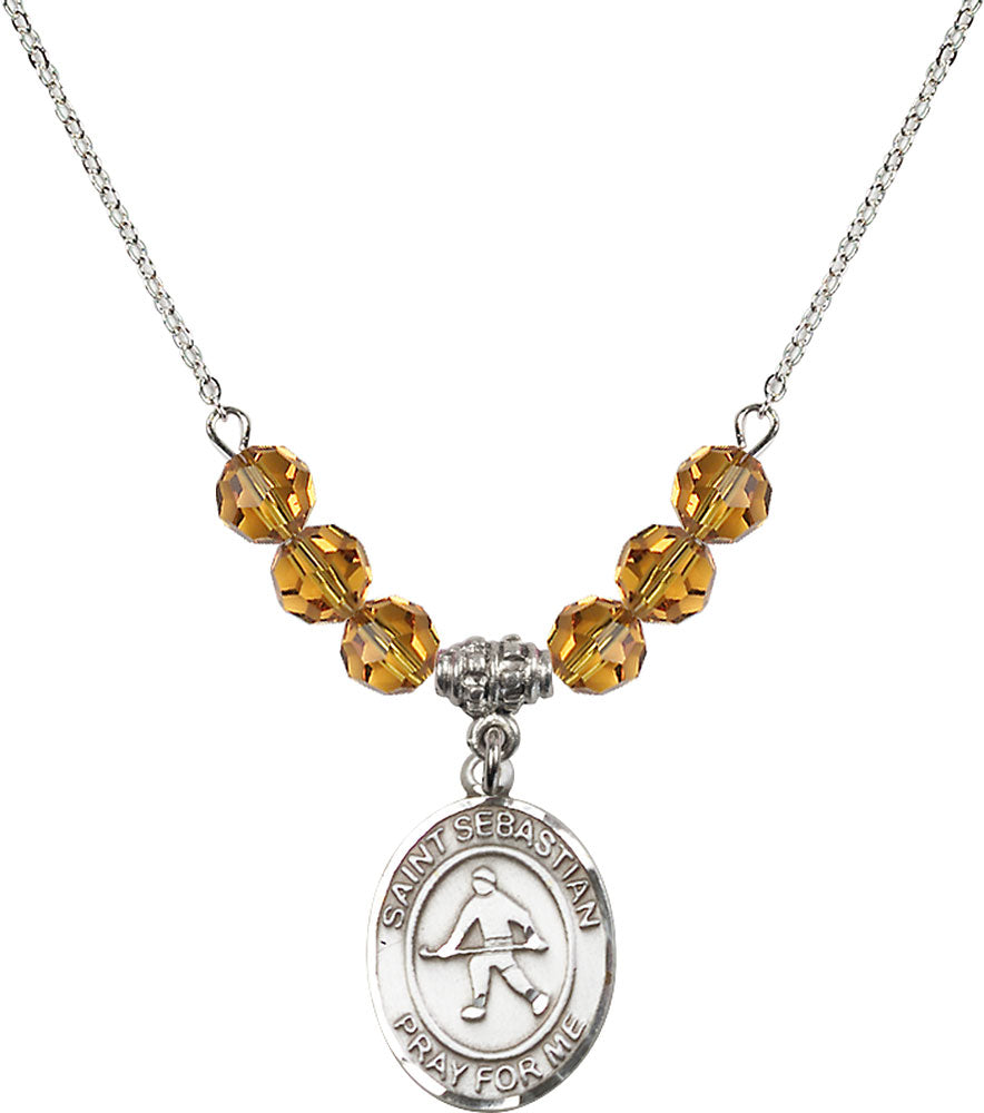 Sterling Silver Saint Sebastian/Field Hockey Birthstone Necklace with Topaz Beads - 8178
