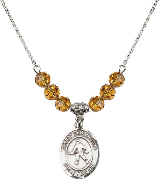 Sterling Silver Saint Sebastian/Field Hockey Birthstone Necklace with Topaz Beads - 8178