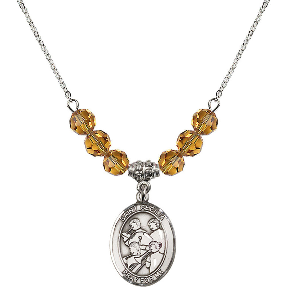 Sterling Silver Saint Cecilia / Marching Band Birthstone Necklace with Topaz Beads - 8179
