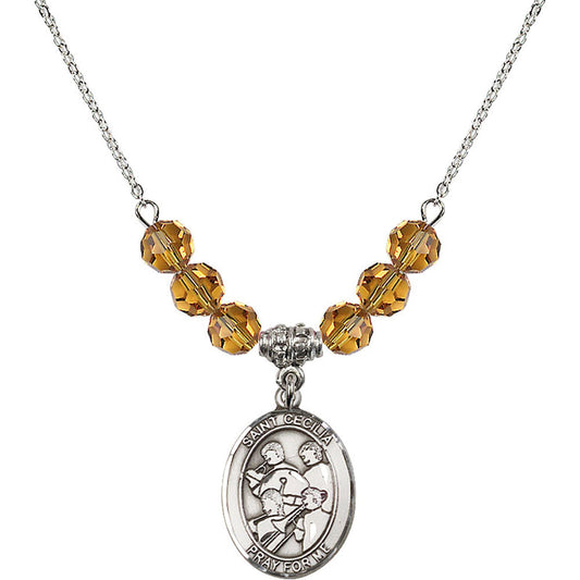 Sterling Silver Saint Cecilia / Marching Band Birthstone Necklace with Topaz Beads - 8179