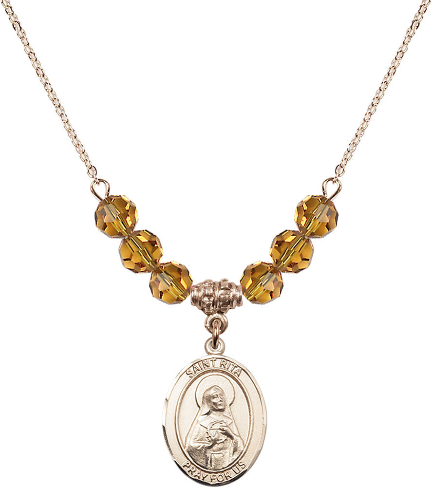 14kt Gold Filled Saint Rita / Baseball Birthstone Necklace with Topaz Beads - 8181