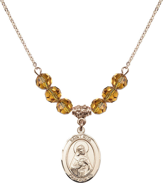 14kt Gold Filled Saint Rita / Baseball Birthstone Necklace with Topaz Beads - 8181