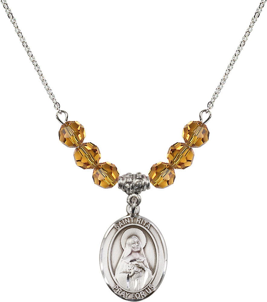 Sterling Silver Saint Rita / Baseball Birthstone Necklace with Topaz Beads - 8181