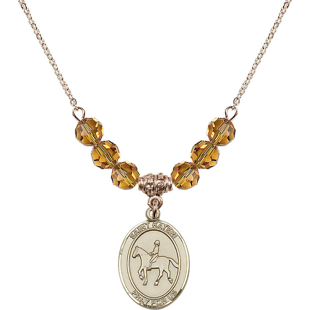 14kt Gold Filled Saint Kateri/Equestrian Birthstone Necklace with Topaz Beads - 8182