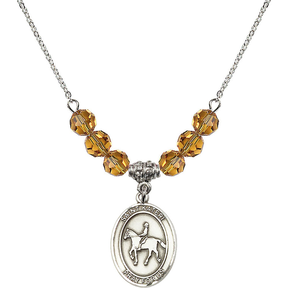 Sterling Silver Saint Kateri/Equestrian Birthstone Necklace with Topaz Beads - 8182
