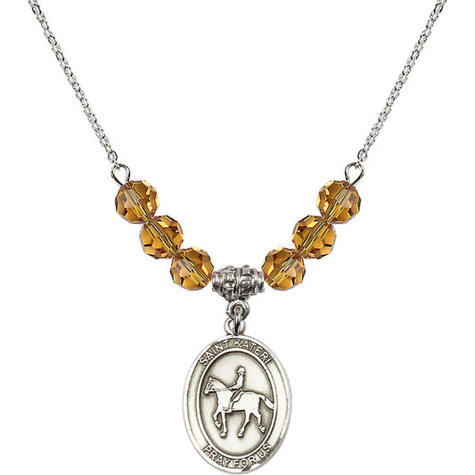 Sterling Silver Saint Kateri/Equestrian Birthstone Necklace with Topaz Beads - 8182