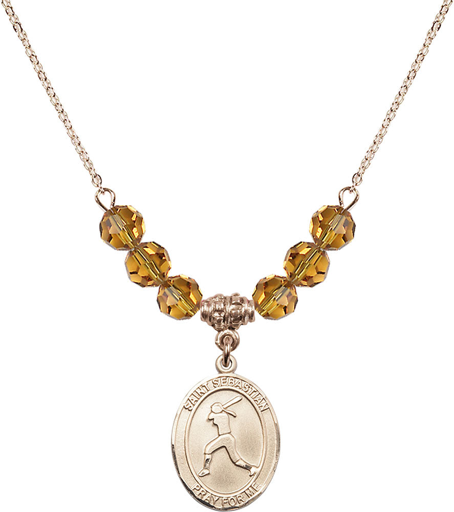 14kt Gold Filled Saint Sebastian / Softball Birthstone Necklace with Topaz Beads - 8183