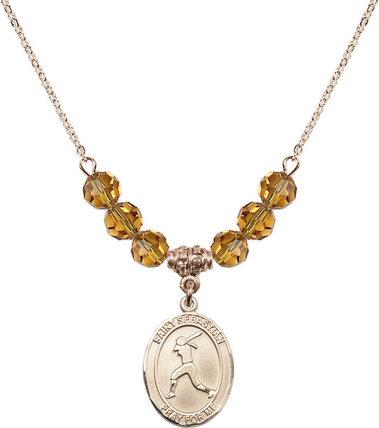14kt Gold Filled Saint Sebastian / Softball Birthstone Necklace with Topaz Beads - 8183