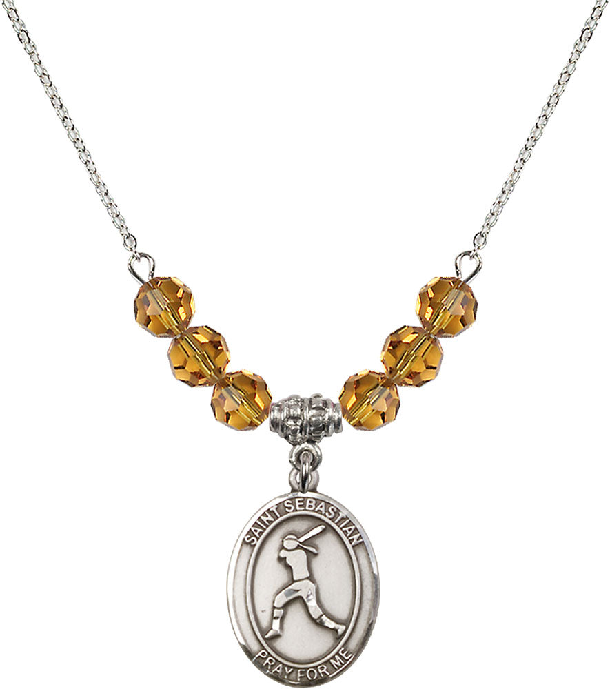 Sterling Silver Saint Sebastian / Softball Birthstone Necklace with Topaz Beads - 8183