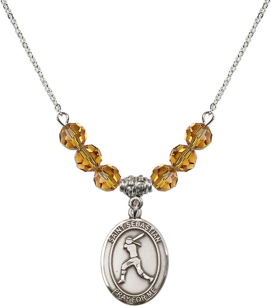 Sterling Silver Saint Sebastian / Softball Birthstone Necklace with Topaz Beads - 8183