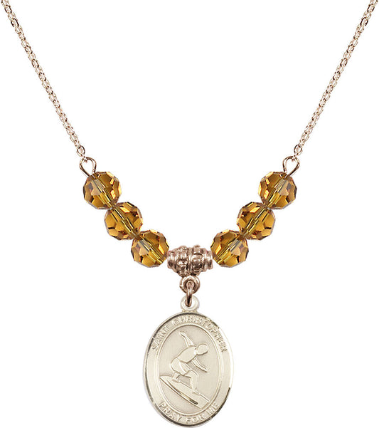14kt Gold Filled Saint Christopher/Surfing Birthstone Necklace with Topaz Beads - 8184
