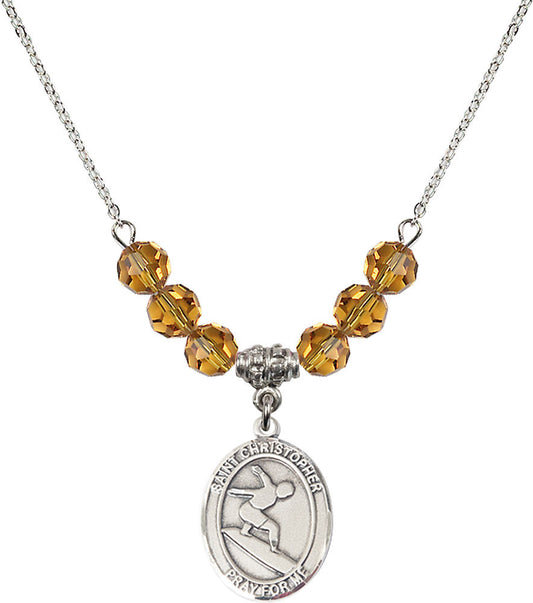 Sterling Silver Saint Christopher/Surfing Birthstone Necklace with Topaz Beads - 8184
