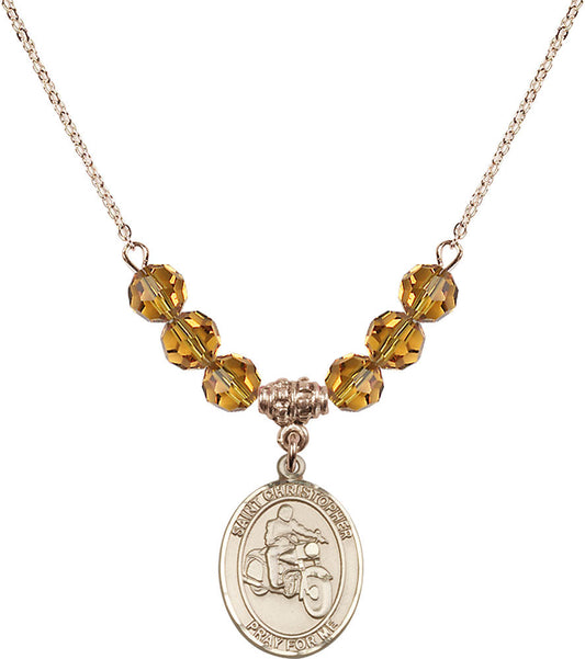 14kt Gold Filled Saint Christopher/Motorcycle Birthstone Necklace with Topaz Beads - 8185