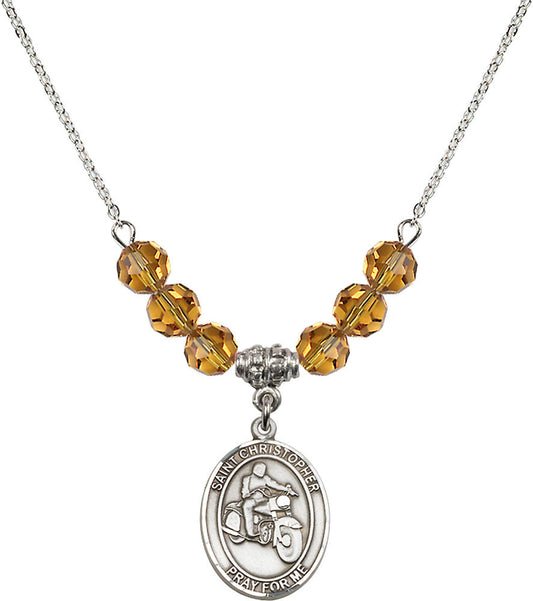 Sterling Silver Saint Christopher/Motorcycle Birthstone Necklace with Topaz Beads - 8185