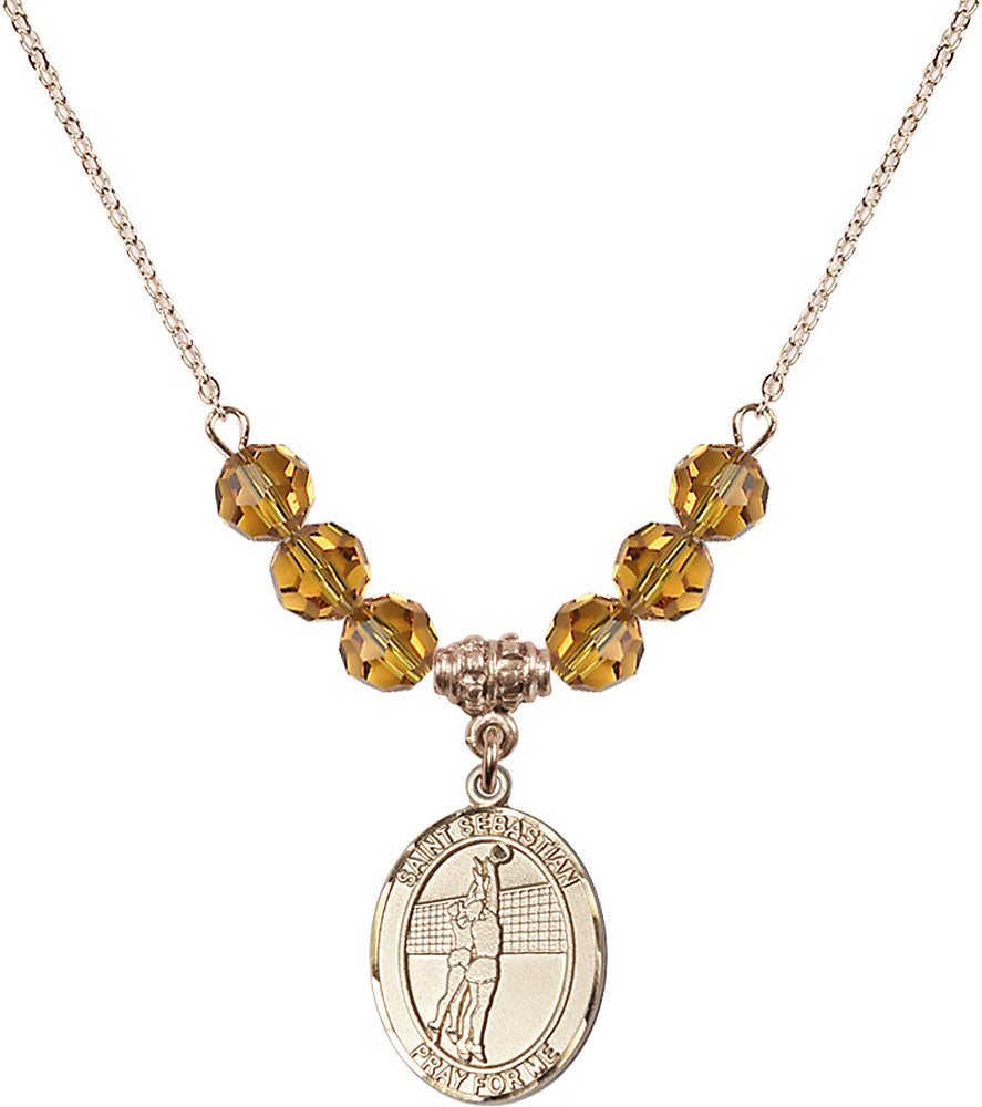 14kt Gold Filled Saint Sebastian / Volleyball Birthstone Necklace with Topaz Beads - 8186
