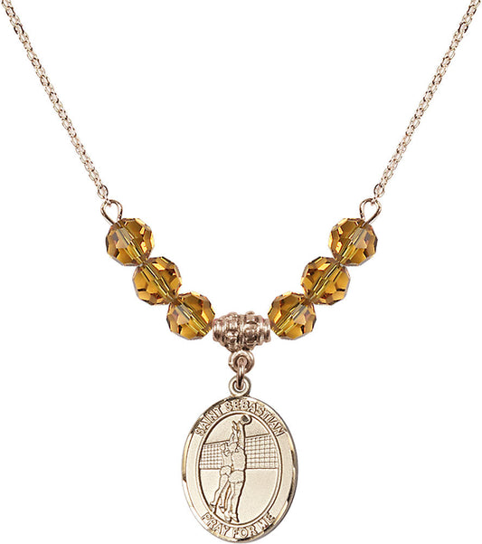 14kt Gold Filled Saint Sebastian / Volleyball Birthstone Necklace with Topaz Beads - 8186