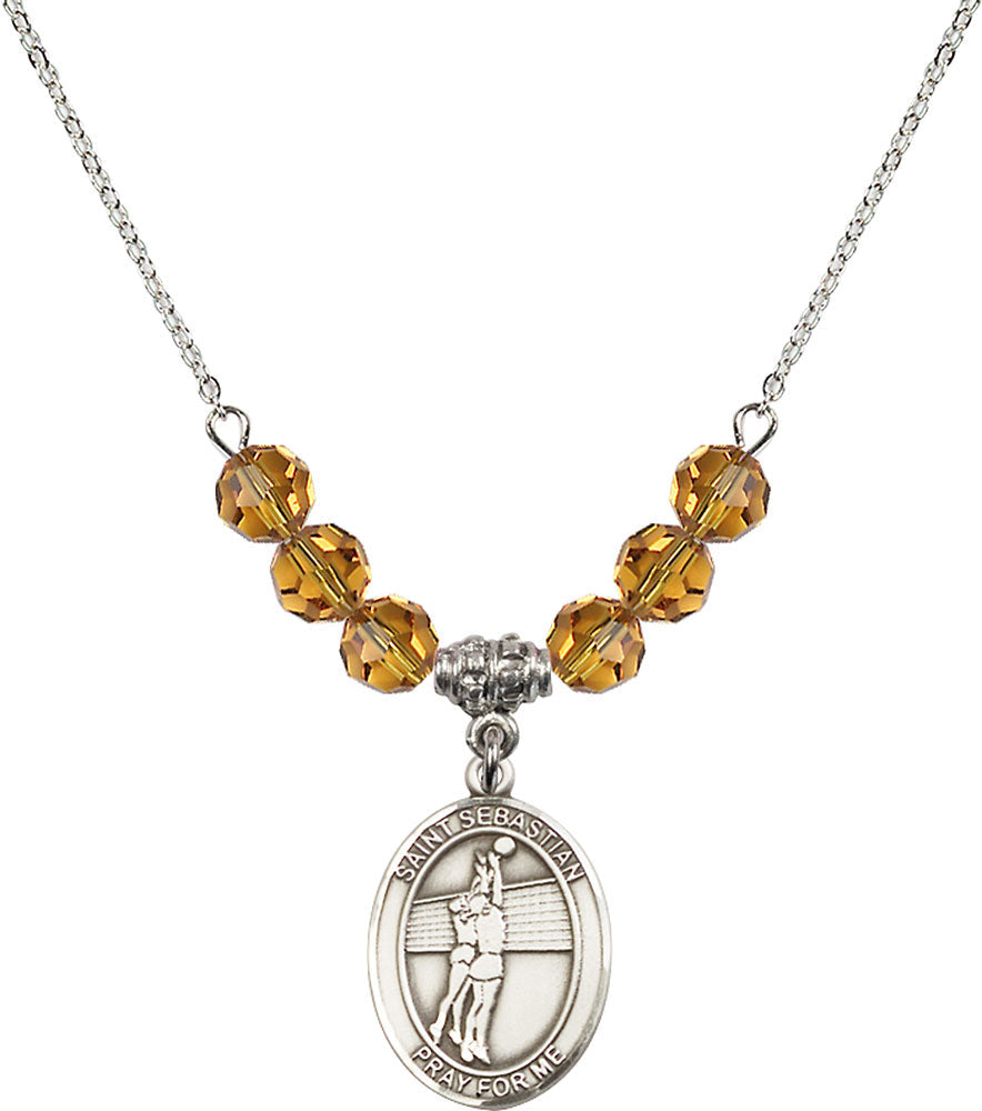 Sterling Silver Saint Sebastian / Volleyball Birthstone Necklace with Topaz Beads - 8186