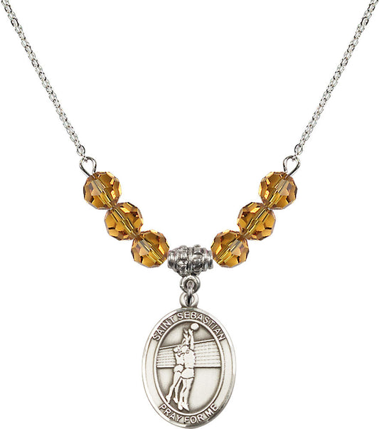 Sterling Silver Saint Sebastian / Volleyball Birthstone Necklace with Topaz Beads - 8186