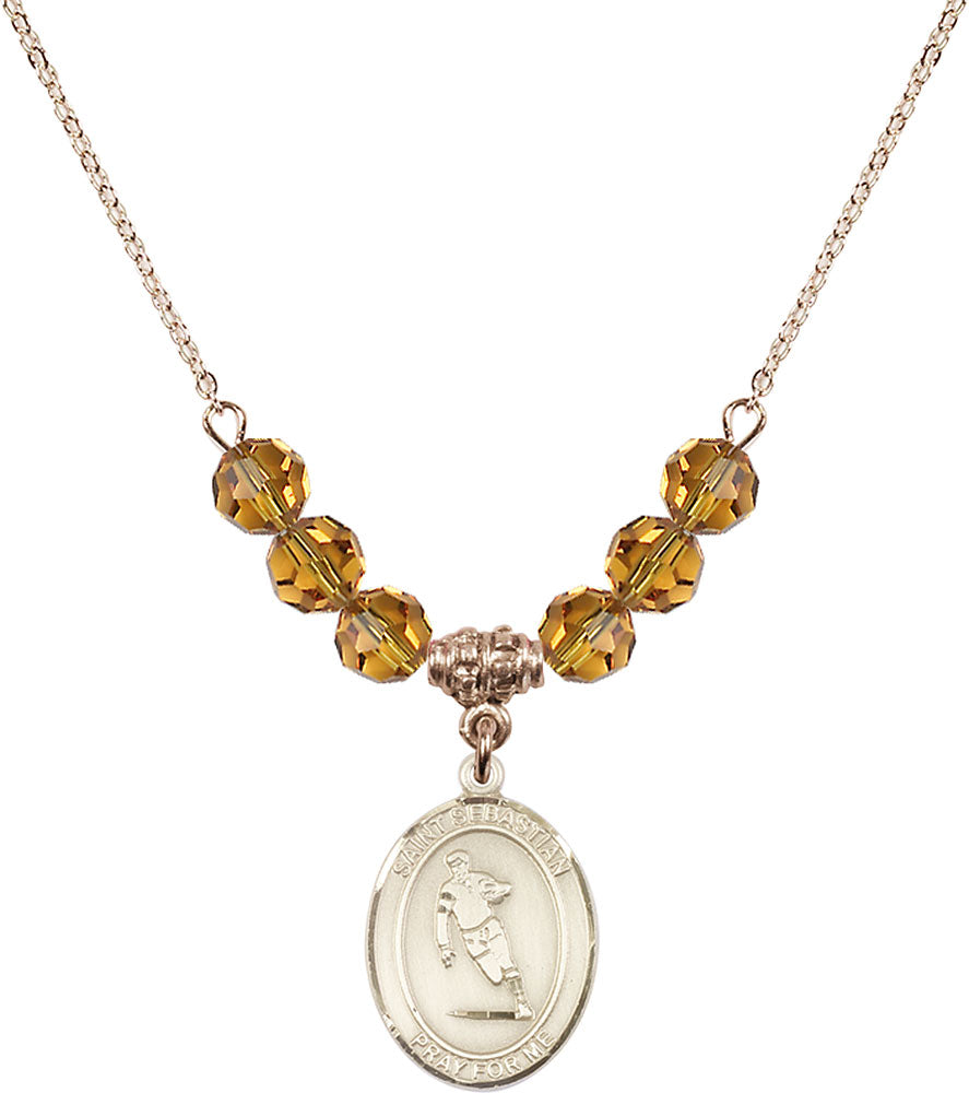 14kt Gold Filled Saint Sebastian / Rugby Birthstone Necklace with Topaz Beads - 8187