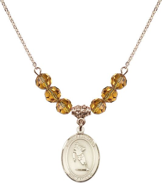 14kt Gold Filled Saint Sebastian / Rugby Birthstone Necklace with Topaz Beads - 8187