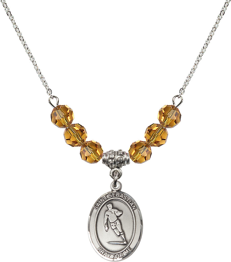 Sterling Silver Saint Sebastian / Rugby Birthstone Necklace with Topaz Beads - 8187