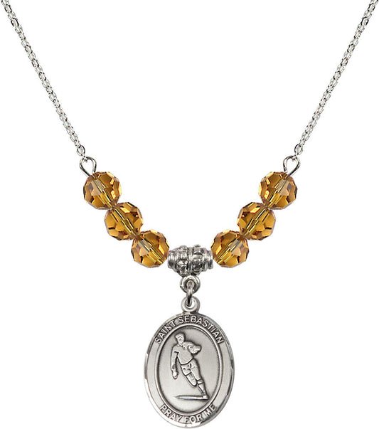 Sterling Silver Saint Sebastian / Rugby Birthstone Necklace with Topaz Beads - 8187