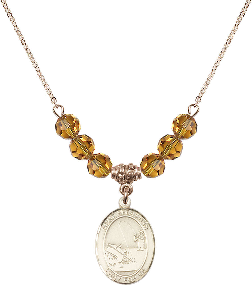 14kt Gold Filled Saint Sebastian / Fishing Birthstone Necklace with Topaz Beads - 8188